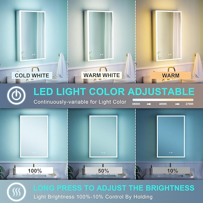 WELLFOR 20" X 30" LED Medicine Cabinet with Mirror, 3X Magnifiying Mirror Cabinet, Defogging/Dimmable Bathroom Mirrored Cabinet, Lighted Medicine Cabinet with Outlets & USB Ports, Right Opening Doors