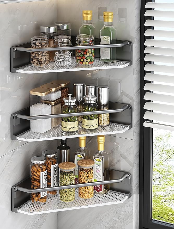 Corner Shower Caddy, 4 Pack Adhesive Bathroom Shelves，Acrylic Shower Shelf Rack, No Drilling Bathroom Organizers and Storage Racks,Black (4 Pack)