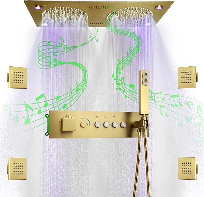 Brushed Gold Thermostatic Rain LED Shower System With Spa Body Jets, 12.5X24.5 Inch Large Horizontal Rectangle Ceiling Shower Head, Double Bath Shower Set Flow Can Be Controlled