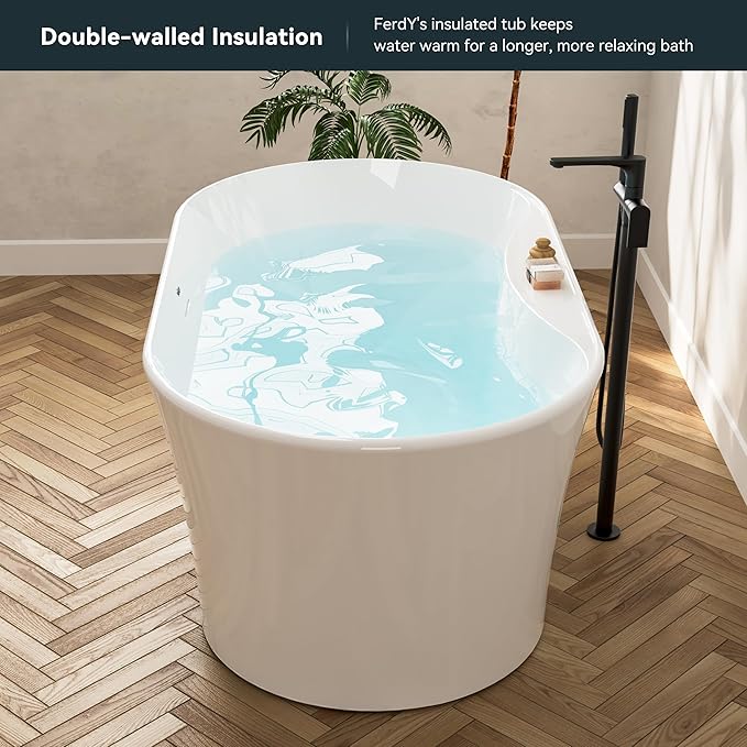 FerdY Santorini 58" Acrylic Freestanding Tub, Gracefully Shaped Contemporary Soaking Tub, Glossy White, cUPC Certified, White Toe-tap Drain and