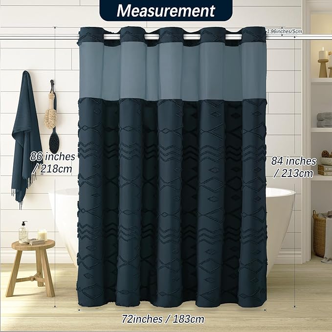 Long No Hook Tufted Chevron Striped Shower Curtain with Snap-in PEVA Liner Set - 72" x 86", Hotel Style with See Through Top Window, Water Repellent Fabric Shower Curtain Navy