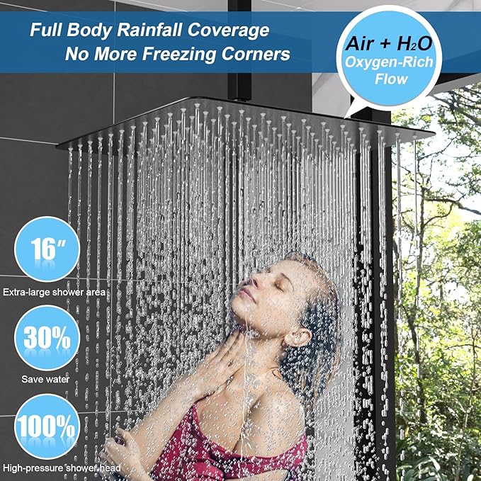 Enga Shower System Body Jets with On-Off Switch, 16 Inch Rain Shower Head System Full Body Spray Massage Shower Set, Multi Head Shower Faucet Combo, Matte Black