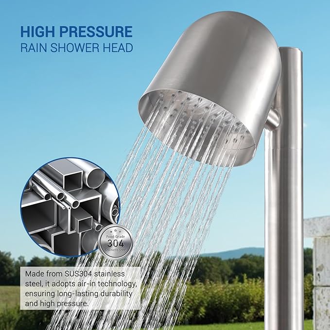 Freestanding Outdoor Shower Faucet Set, Outdoor Shower Kit with 3-Function Handheld Shower and Rain Shower, Stainless-Steel Outdoor Shower System for Patio, Pool, Garden - Brushed Nickel