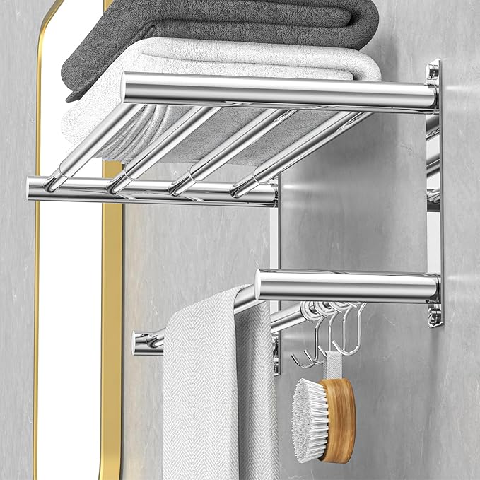 Adjustable Towel Bar for Bathroom Wall Mount17-30.7inch Adhesive Shower Towel Rack Stainless Steel Bath Towel Holders for Toilet Kitchen Double Towel Hanger (Mobile Hook Towel Rack)