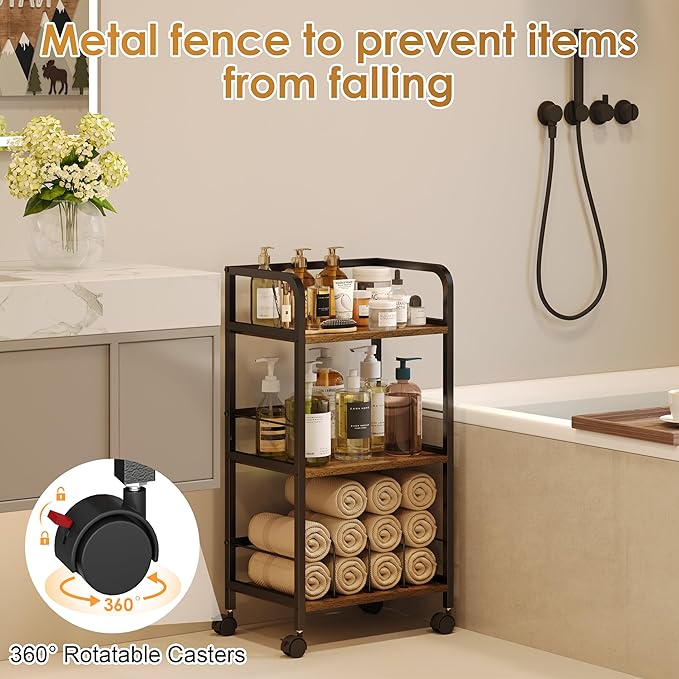 Towel Rack Free Standing Rolling 3-Tier with Removable Dividers & 2 Brake Wheels, Mobile Bathroom Storage Organizer with 3 Wood Shelves for Towels, Toiletries, Poolside Towel Holder