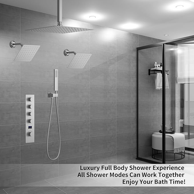 Digital Display Shower Fixtures Brushed Nickel Shower System with 12 inch Ceiling Mounted Shower Head and 2 Wall Mounted Shower Head(8 inch), Handheld Shower