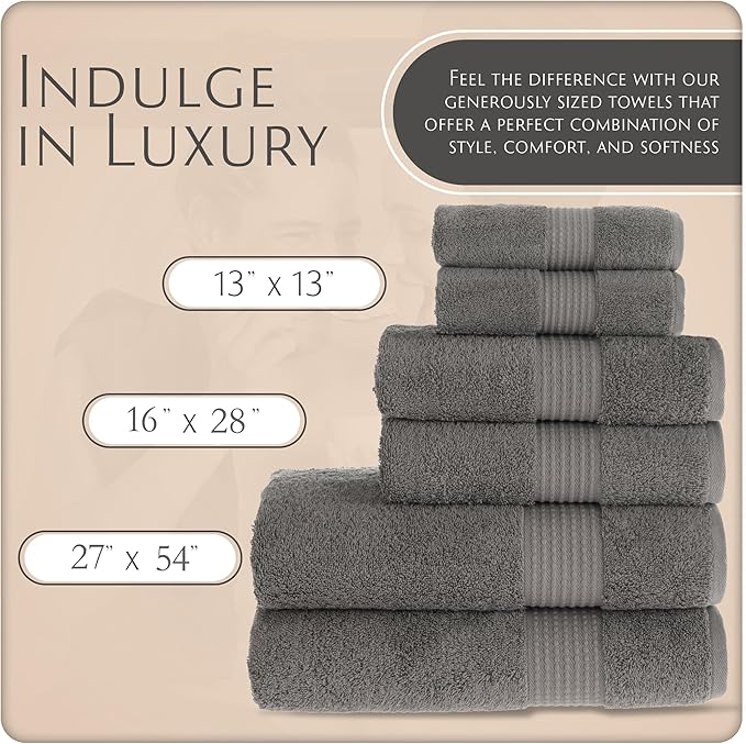 MAURA Basics Bath Towel Sets for Bathroom with Hanging Hook Loops. 2 Bath Towels, 2 Hand Towels, 2 Washcloths, Soft, Durable, Long Lasting and Absorbent Towels Set, Space Gray