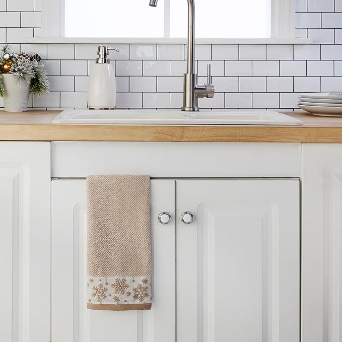 SKL Home Christmas/Winter Heather Snowflake 100% Cotton Premium 2-Piece Hand Towel Set, 500 GSM, Soft & Absorbent Jacquard, Decorative for Bath/Kitchen/Bar, Tan