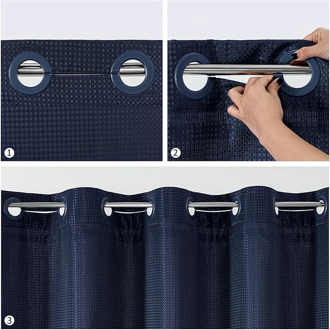 MitoVilla Navy Blue Waffle Long Shower Curtain Liner Set 72 x 80, No Hooks Required 80 inch Long Fabric Cloth Shower Curtain Set with Cloth Snap-in Liner for Modern Hotel Bathroom Decor