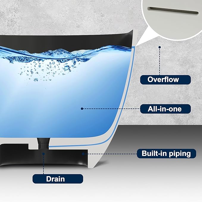 59'' Resin Stone Freestanding Bathtub, Matte Black Soaking Tub Solid Surface Modern Tubs with Overflow and Pop-up Drain in