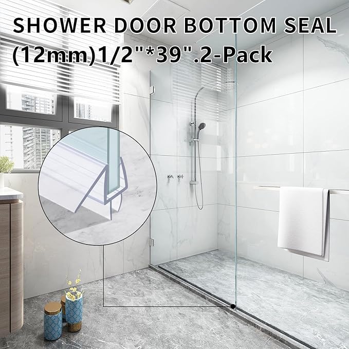 Shower Door Bottom Seal with Sweep 2Pack, 39"(990mm) Length PVC Clear Strips for 1/2"(10mm) Thick Frameless Glass Door, to Stop Water Leaking