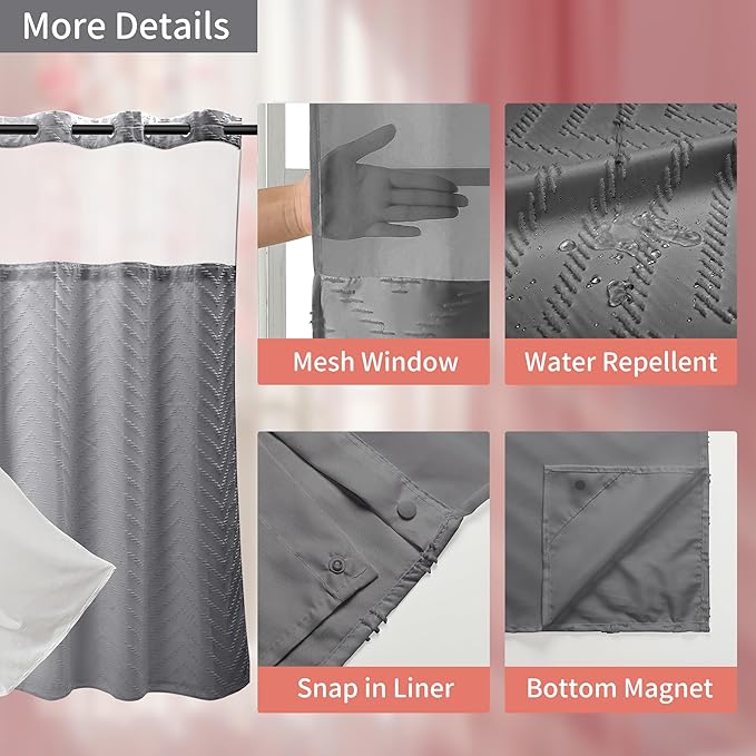 Hookless Shower Curtain with Snap in Liner 71" x 74" Double-Layer Waterproof Polyester Shower Curtain for Bathroom or Hotel Use,Removable Liner,Magnetic Hem,Large Rings,Machine Washable,Grey