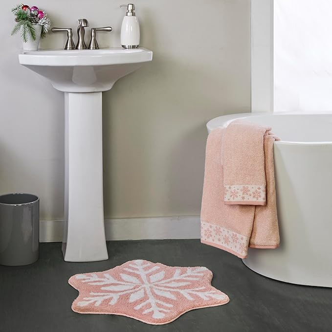 SKL Home Christmas/Winter Heather Snowflake 100% Cotton Premium 2-Piece Hand Towel Set, 500 GSM, Soft & Absorbent Jacquard, Decorative for Bath/Kitchen/Bar, Blush Pink