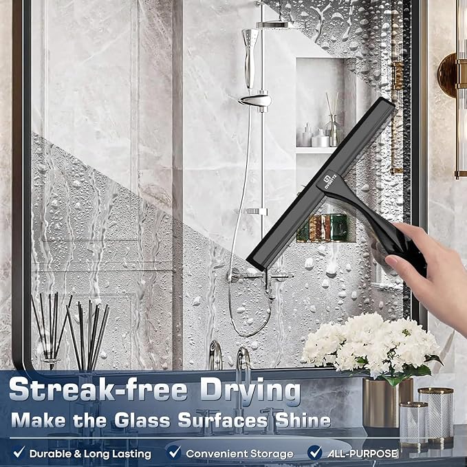 Shower Squeegee for Glass Door with 3 Adhesive Hook, Household Window & Stainless Steel Glass Cleaning Squeegee for Bathroom, Mirrors, Tiles and Car, 10 Inches, Clear, Black