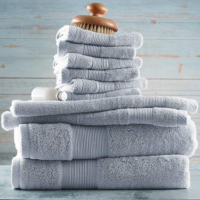 Hearth & Harbor Bath Towels for Bathroom - 100% Ring Spun Cotton Luxury Bathroom Towels - Ultra Soft & Highly Absorbent, Bath Towels Set of 10 - Ice Blue