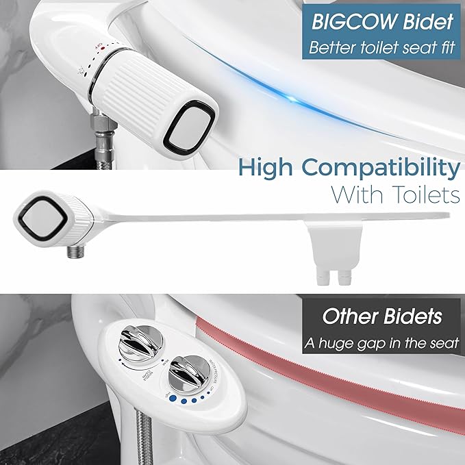 BIGCOW Ultra-Slim Bidet Attachment for Toilet - Dual Nozzle (Frontal & Rear Wash) with Adjustable Cold Water Pressure and Stainless Steel Inlet - Hygienic Solution for Fresh Cleanliness, Black 1 Pcs