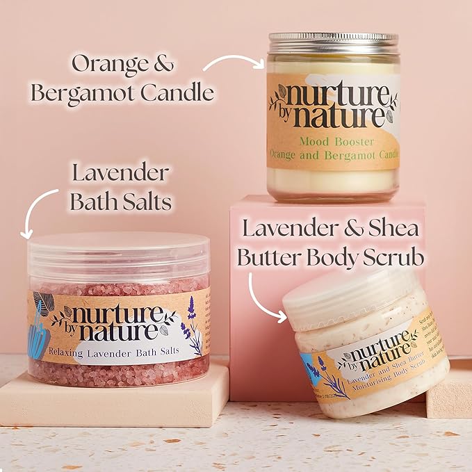 NURTURE BY NATURE Relax & Calm Christmas Gift Basket – Spa Gifts for Women with Bath Bomb, Hand Cream, Lavender Pillow Mist & Scented Candle - Stocking Stuffers, Holiday Gifts, Gifts for Mom