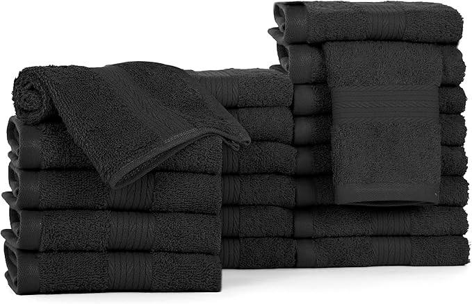 Ample Decor Wash Cloths Pack of 20, Oeko Tex Certified 600 GSM 100% Cotton Soft Absorbent, Premium Quality Durable Machine Washable, Ideal for Bathroom, Pool, Hotel, Spa – Black