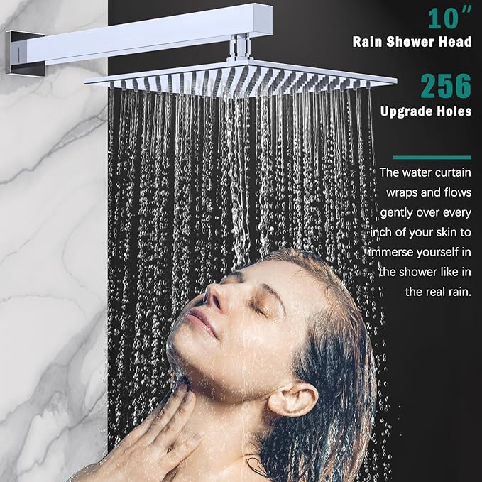 ENGA Shower Faucet Set, Dual Head Shower System 10" & 6" Square Rain Shower Heads with 2 in 1 Handheld Spray, 3 Way Water Diverter, Chrome