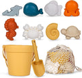 MarcZero 11Pcs Silicone Beach Toys,Modern Baby Beach Toys,Travel Friendly Beach Set,Eco Friendly Toy,Silicone Bucket, Shovel, 8 Sand Molds, Beach Bag,Silicone Sand Toys for Toddlers, Kids (Yellow)