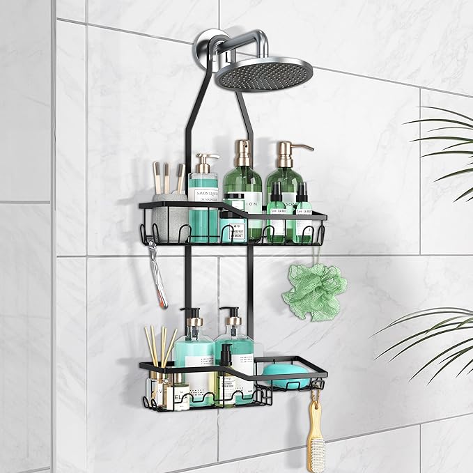 Shower Caddy Hanging,Rustproof Anti-Swing Shower Organizer,Hanging Bathroom Caddy,Bathroom Organizer with 18 Hooks for Razor/Sponge