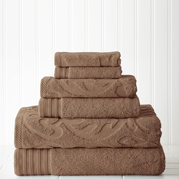 Modern Threads 6 Piece Jacquard/Solid Towel Set-Medallion Swirl Mocha