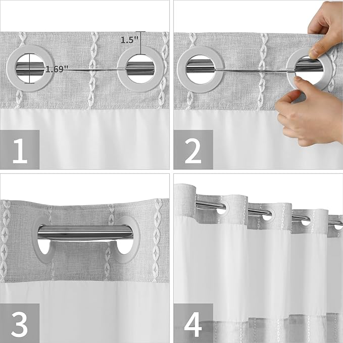 No Hook Extra Long Shower Curtain Set with Snap-in Liner,Linen Textured Thick Striped Fabric with Tassels,Boho Chic Modern Farmhouse Bathroom Curtain,Water-Repellent,Grey/Gray,71x86