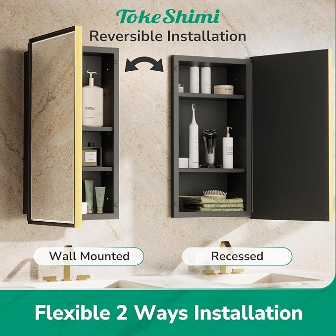 TokeShimi 21x27 Recessed Medicine Cabinet with Mirror Wall Mounted, Aluminum Gold Medicine Cabinet Mirrored, Metal Beveled Mirror with Storage for Bathroom Vanity