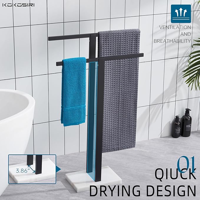 KOKOSIRI Bathroom Towel Racks 2-Tier Standing Towel Bars with Marble Base, Stainless Steel Freestanding Towels Holder, Thicken Steady Design, Matte Black THS0003-BK