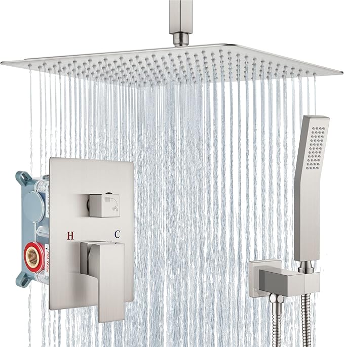 Aolemi Ceiling Mount Shower System Rain Shower Head with Handheld Spray High Pressure Shower Faucet Set Rough-in Valve Shower Trim Kit Included Bathroom Brushed Nickel 16 Inch Ceiling Shower Head