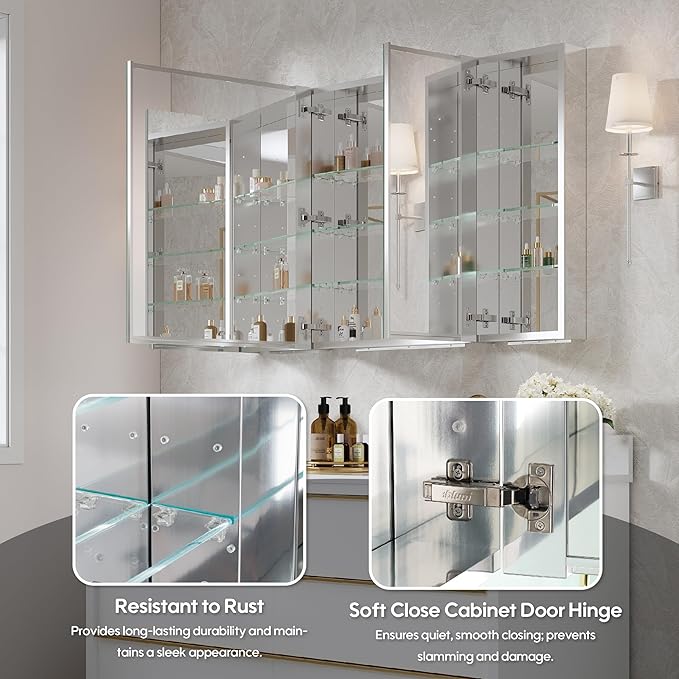 WELLFOR 48" x 30" Rectangle Medicine Cabinet Mirror, Surface Mount or Recessed Medicine Cabinet with Tempered Mirror, Anodized Chrome Aluminum Frame, Bathroom Mirror with Storage