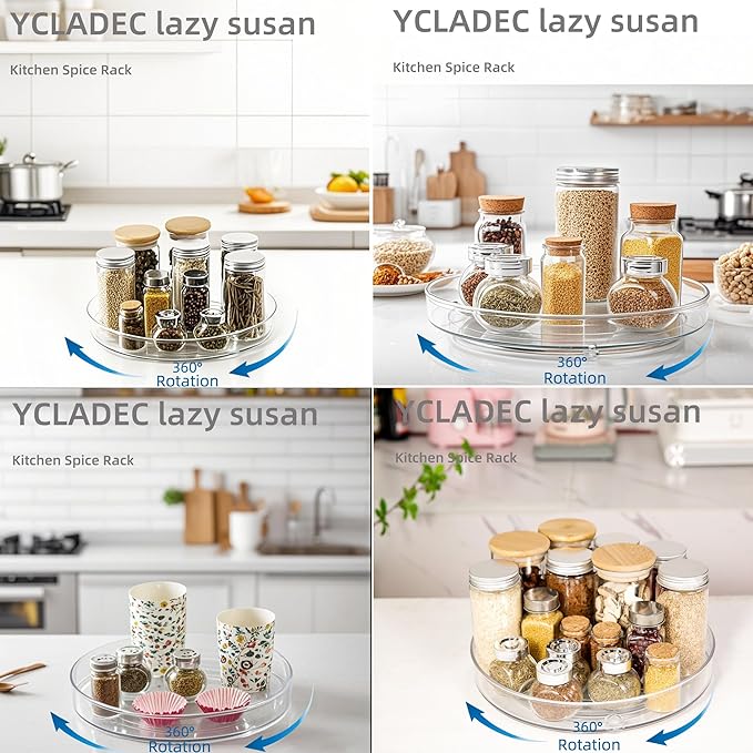 2 Pack Lazy Susan 9.25" Inch Turntable Organizer Pantry Organization and Storage Container Bins Spice Rack Cabinet Rotating Condiment for Pantry Kitchen Vanity Bathroom Jewelry Holder Clear