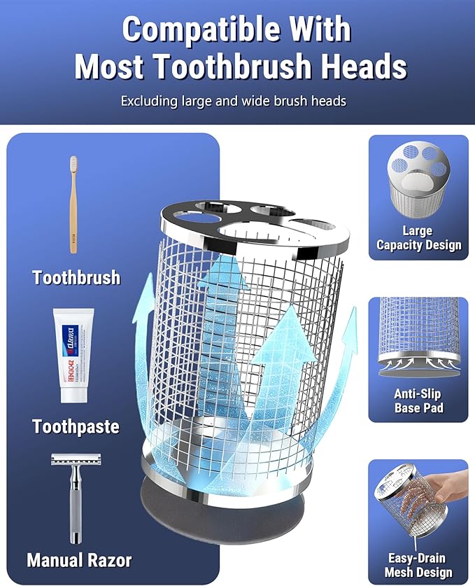 Toothbrush Holder Stand for Bathroom, 304 Stainless Steel Ventilated Organizer for Countertop with Slots for Manual Toothbrushes & Toothpaste, Family Size Tooth Brush Holder