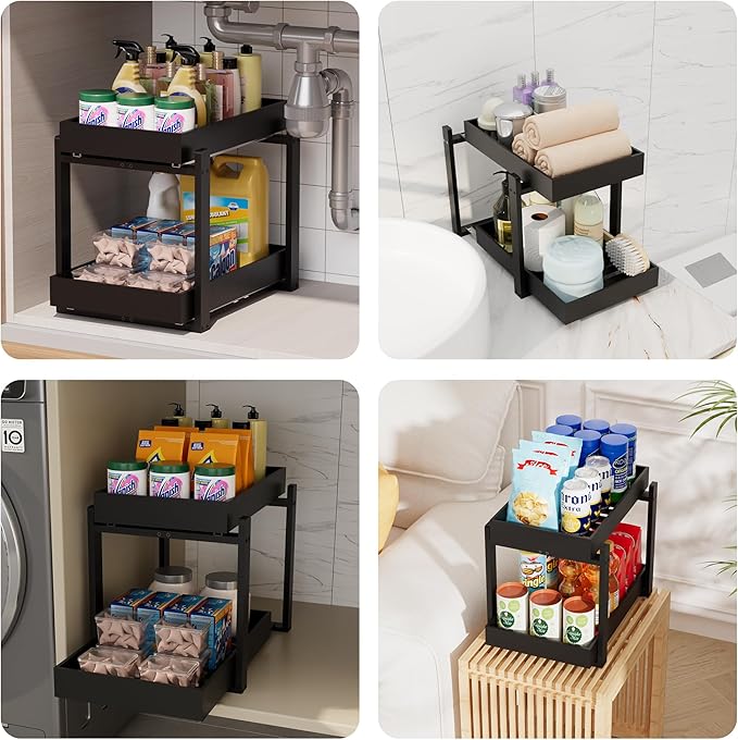 Bamboo Wood Under Sink Organizer 2 Pack, Pull Out Cabinet Organizer 2 Tier Under Sink Organizers and Storage with Sliding Drawer Sturdy Easy Assembly for Kitchen Bathroom Undersink, Black
