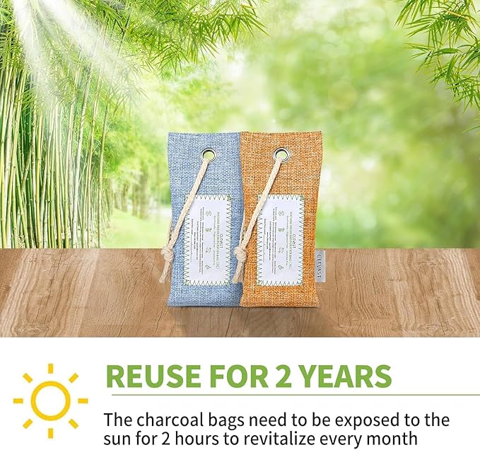 CLEVAST 6 Pack Bamboo Charcoal Air Purifying Bags(6x60g), Activated Natural Home Odor Absorber, Deodorizer and Moisture Eliminator, Purifier for Closet, Shoe, Car Air freshener, Pet Safe