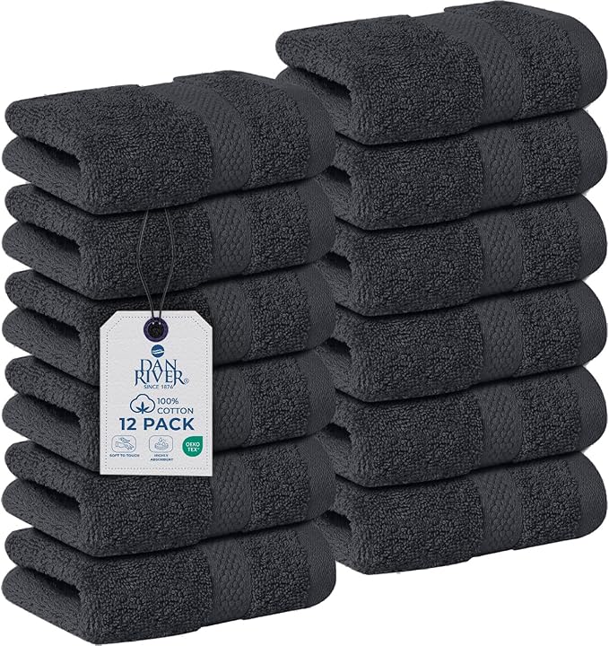 DAN RIVER 12-Pack Premium 100% Cotton Dark Gray Face Towels – Reusable Face Towel Set, Soft & Absorbent Small Wash Cloths for Bathroom & Body – Hand and Face Towels, 550 GSM (12x12 in)