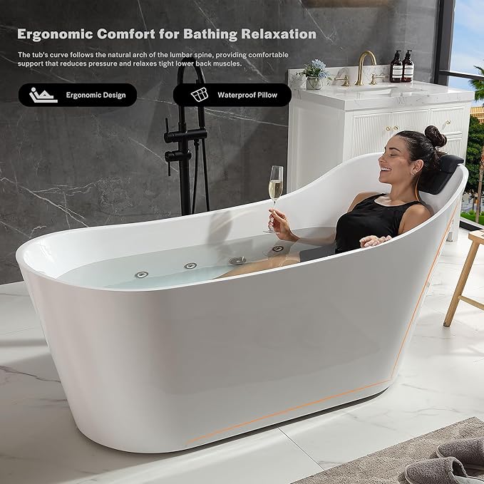 Empava Update Acrylic Whirlpool Bathtub, 67-Inch Freestanding Gracefully Oval Shaped Jetted Bathtub with Healing Chromotherapy, 16 Hydromassage Jets, Single-Ended Bathtubs with Pillow, No faucet