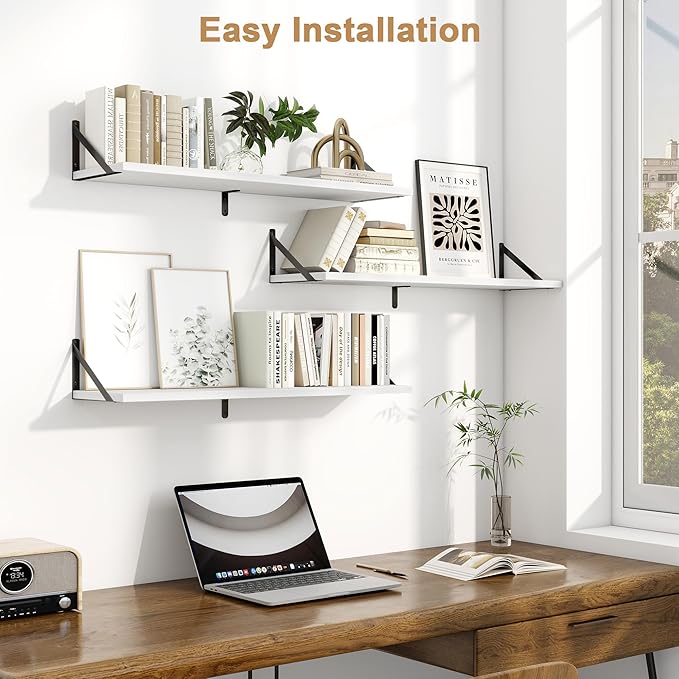 Fun Memories Floating Shelves for Wall, 36 Inches Long Set of 3 Wall Shelves for Bedroom, Floating Bookshelves with Metal Brackets for Living Room, Kitchen, Bedroom and Laundry Room (White)