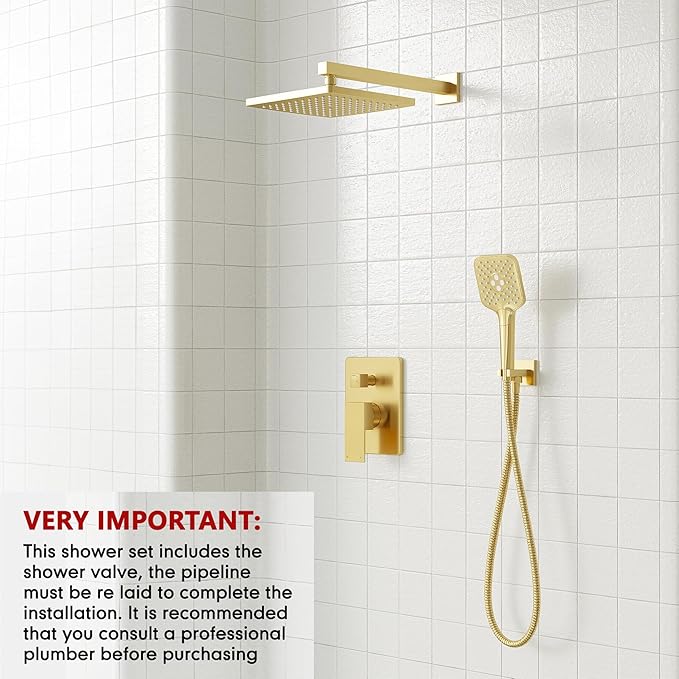Gabrylly Shower System Gold, Wall Mounted Shower Faucet Set for Bathroom with High Pressure 10" Rain Shower head and 3-Setting Handheld Shower Head Set, 2 Way Shower Valve Kit, Brushed Gold