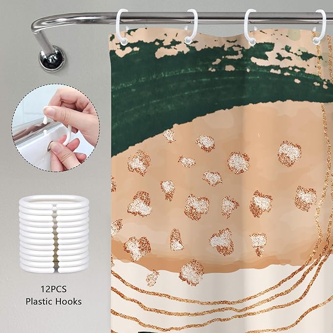 Boho Shower Curtain 72Wx78H Modern Abstract Tropical Green Leaves Plant Palm Bohemian Mid Century Botanical Geometric Arch Bathroom Decor Minimalist Bath Curtain Fabric Polyester 12 Pack Hooks