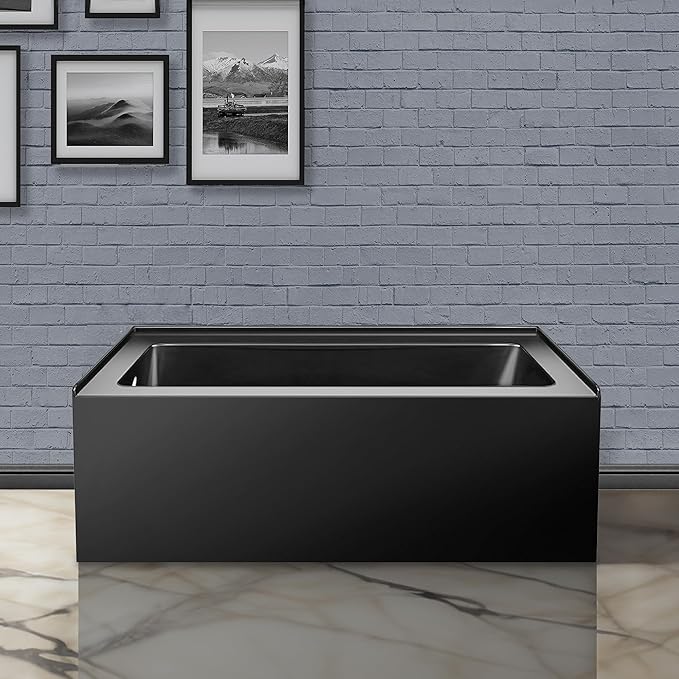 Fine Fixtures Acrylic, Fiberglass Alcove Soaking Bathtub with Integral Apron Front in Glossy Black - Left Hand Drain, 60" x 30"