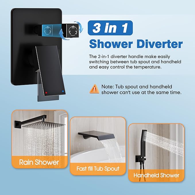Shower System with Tub Spout, All Metal Tub Shower Faucet Set with 10'' Rain shower heads and handheld spray combo,Wall Mounted Tub Shower Systems with Valve and Trim Kit, Matte Black