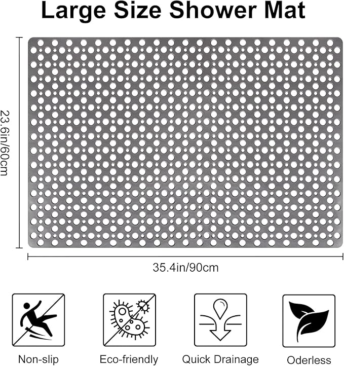 Anti Slip Shower Mat with Suction Cups,23.6x35.4 Inch Quick Drain TPE Non Slip Shower Mats for Inside Shower,Large Bath Mat for Shower Soft on Feet, Easy to Dry&Cut Machine Washable