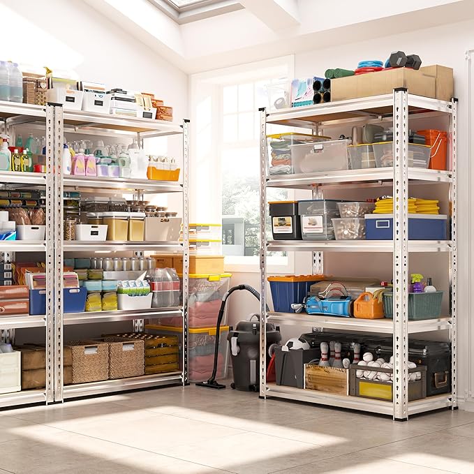REIBII Storage Shelves 2020LBS Garage Shelving Heavy Duty 5 Tier Metal Shelving Adjustable Pantry Shelves for Garage Pantry Closet Kitchen Basement 28" W x 12" D x 59.8" H, Silver