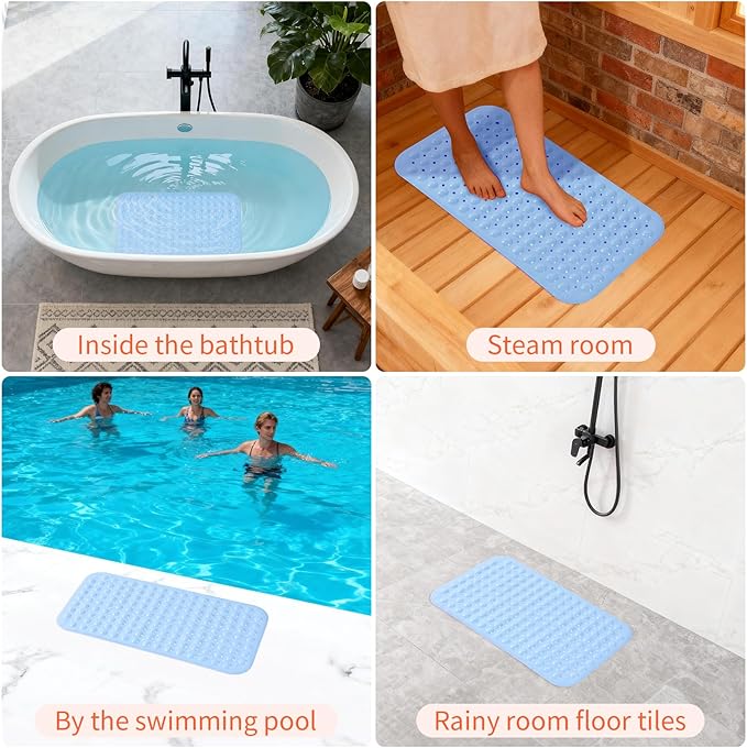 Anti-Slip Bathtub Shower mat, 27.5×14.5（Approximately 70×37cm） inch Soft Oversized Machine Washable Non-Slip Bathtub mat with Drainage Holes, Bathroom Floor Suction Cup.（1-Opaque Light Blue）