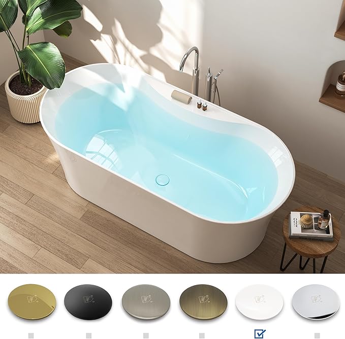 FerdY Santorini 67" Acrylic Freestanding Tub, Gracefully Shaped Contemporary Soaking Tub, Glossy White, cUPC Certified, White Toe-tap Drain and