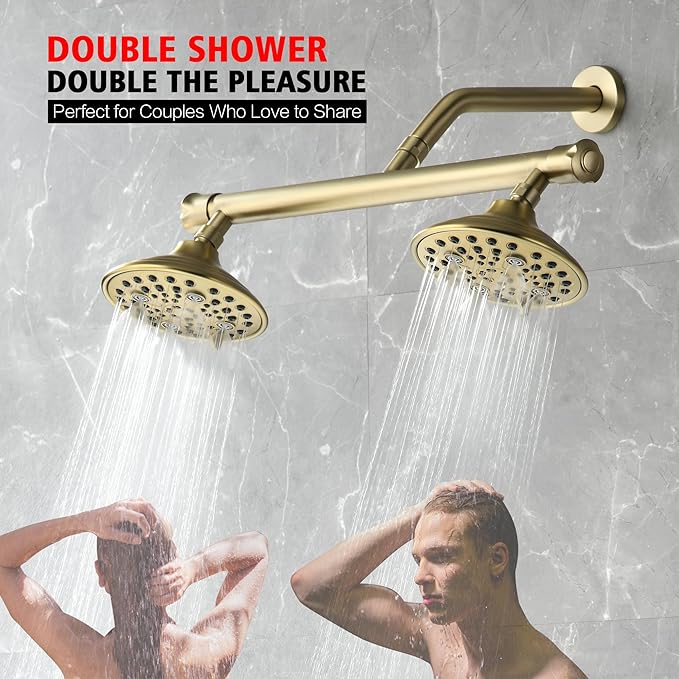 sumerain 2-in-1 Dual Shower Heads with Shut-off Valve for Two People,High Pressure 6 Function Sprayer and 20" Long Shower Arm,Brushed Gold