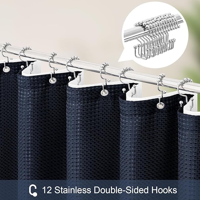 3 in 1 Shower Curtain Set, Navy Blue Waffle Shower Curtain and PEVA Liner Set with 12 Stainless Steel Shower Curtain Hooks, Waterproof Fabric Shower Curtains for Bathroom, 72 W x 72 H