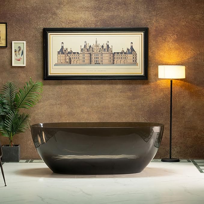 WOODBRIDGE 63" L x 28-3/8" W Transparent Gray Stone Resin Freestanding Soaking Tub with Double Ended Design