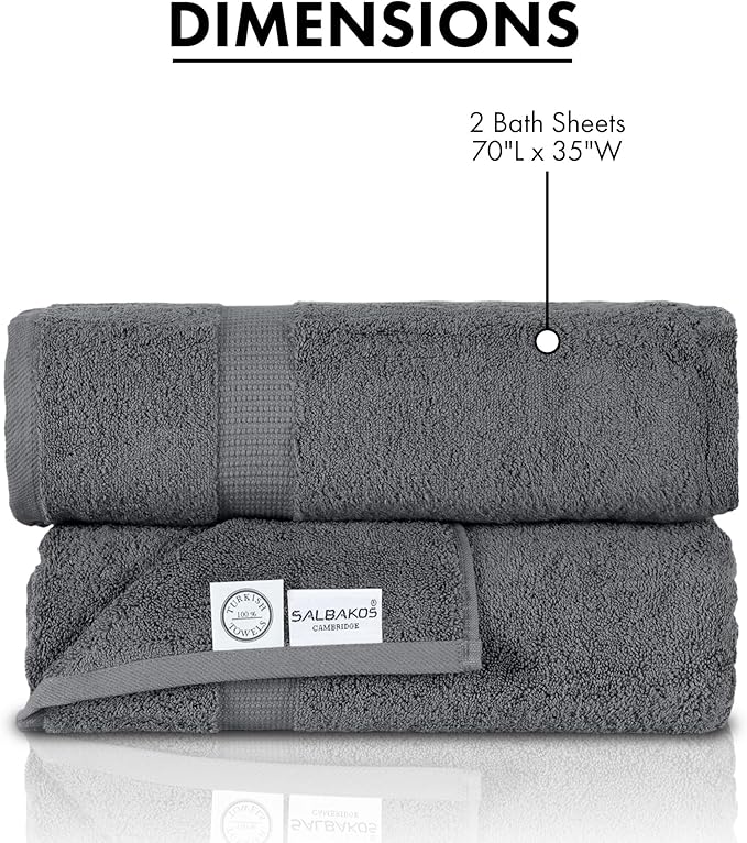 SALBAKOS 100% Turkish Cotton Extra Large Bath Sheet Set of 2 35x70 inch | Heirloom Quality | Hotel & Spa Collection | Soft, Absorbent Oversize Bath Towels | Made in Turkey (Gray, 2 Bath Sheets)
